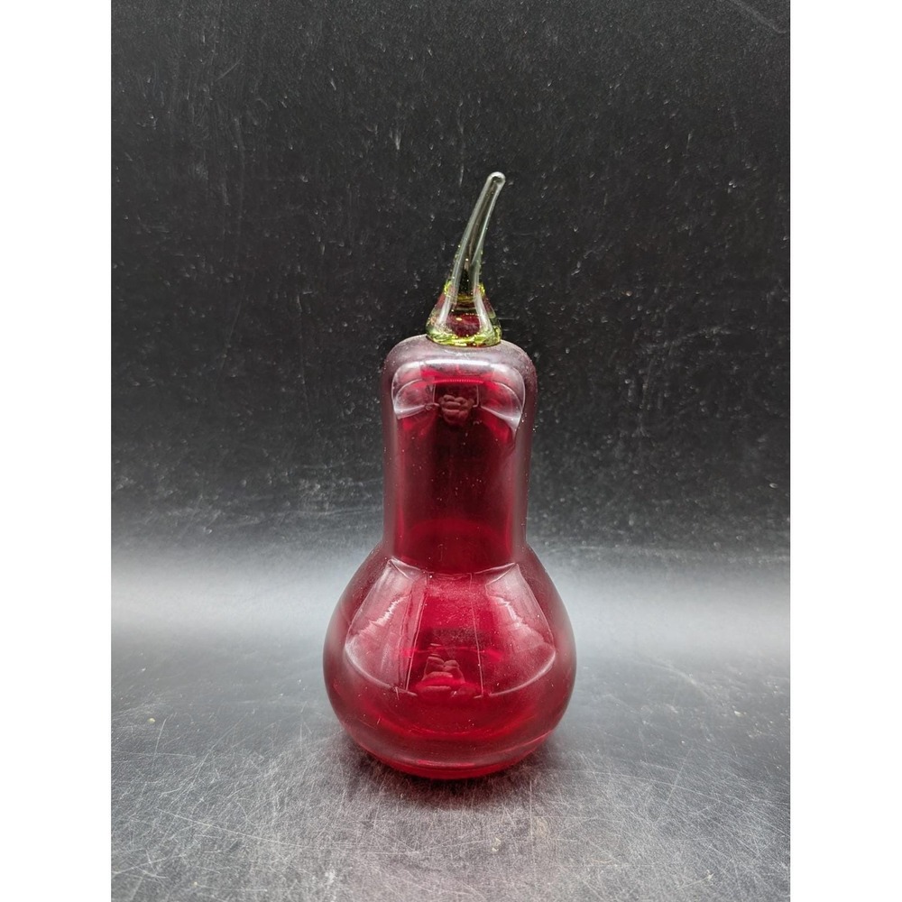 Vintage Viking uHand Blown Ruby Red Glass Pear Figurine Green Stem Art Glass 5"
